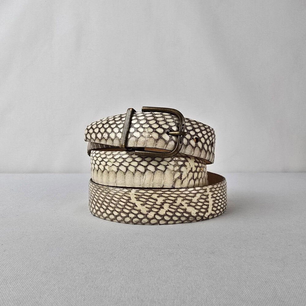 Italian Leather Snakeskin Embossed Belt Cream Brown Made in Italy Size L